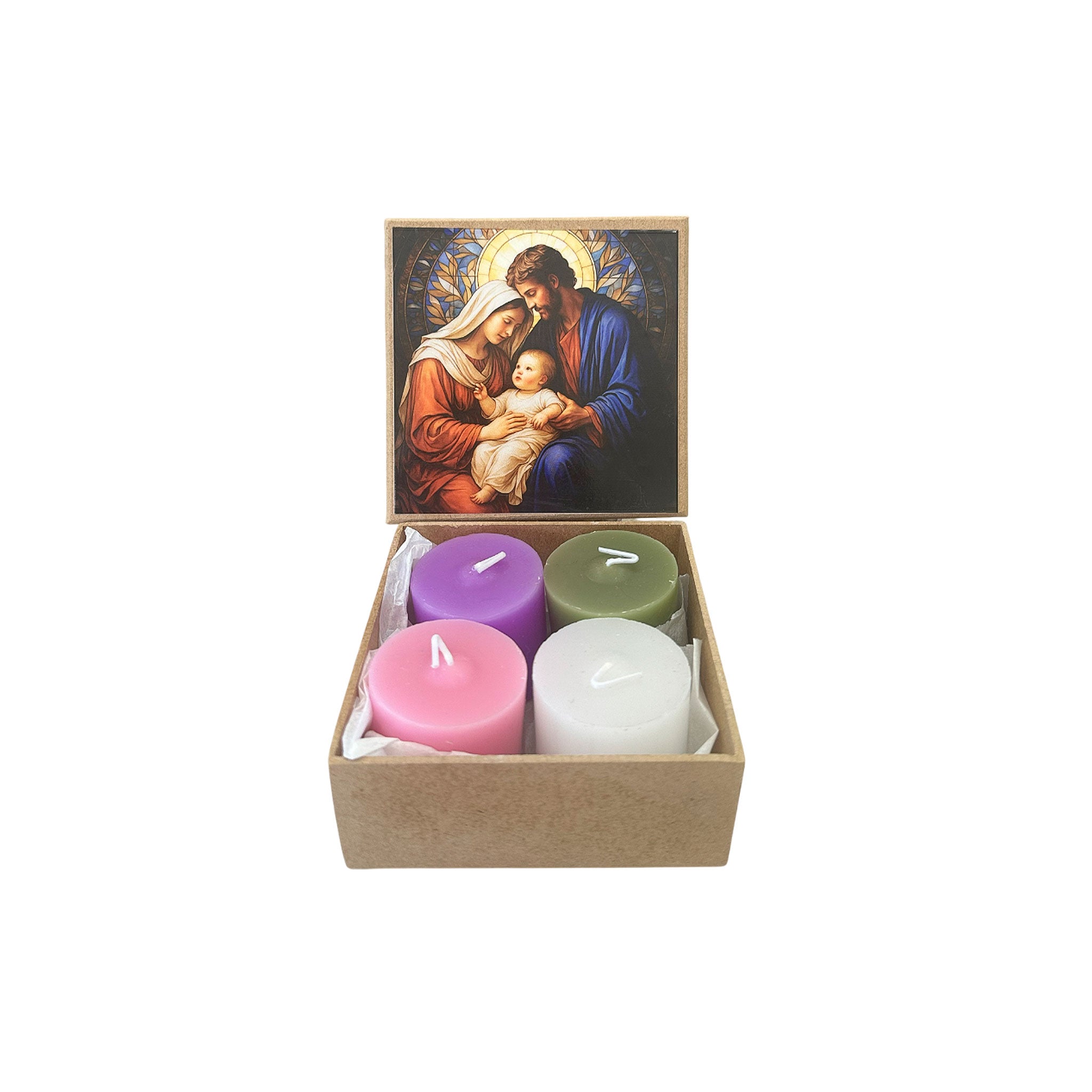 Caixa Mdf Sagrada Família + 4 Velas 5x5cm