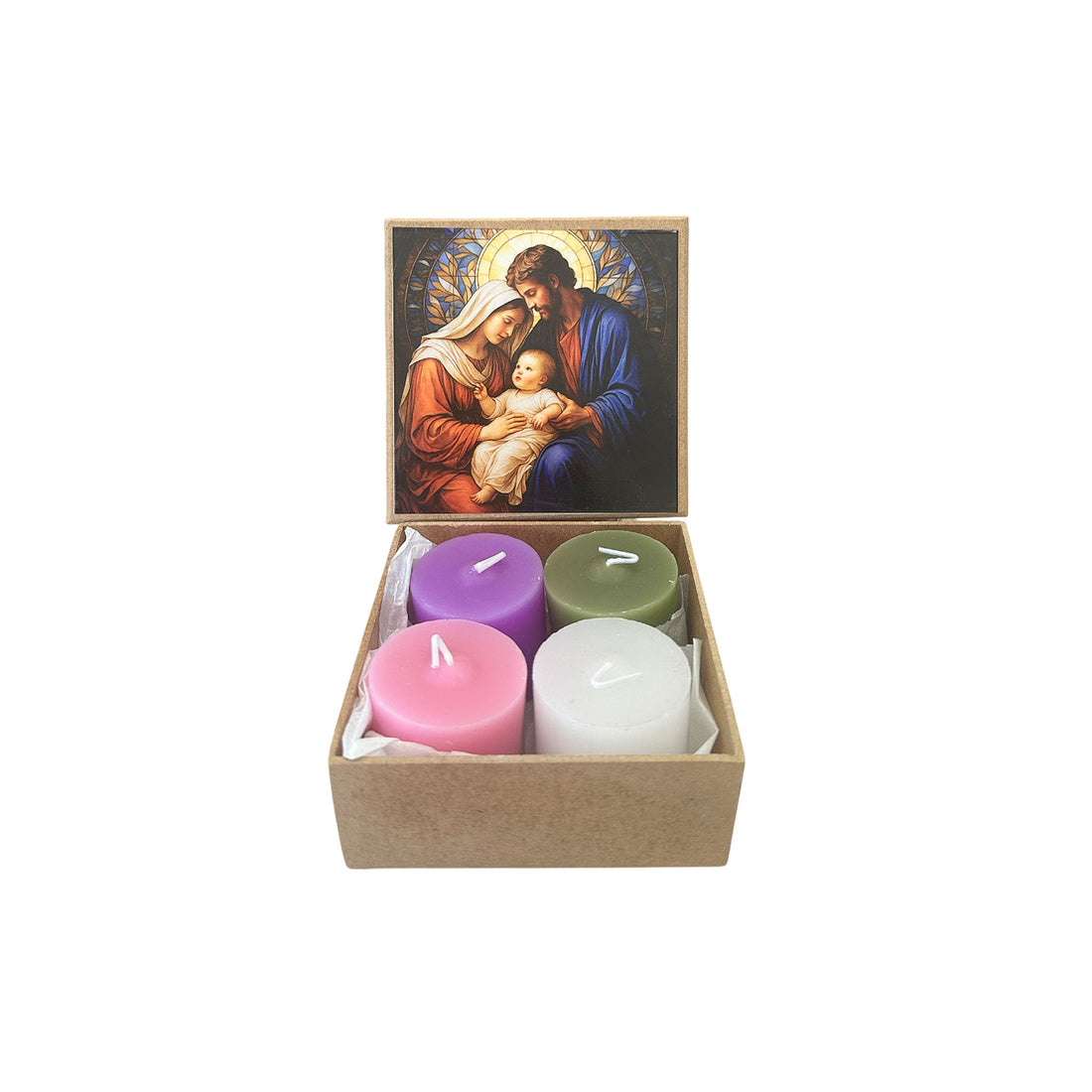 Caixa Mdf Sagrada Família + 4 Velas 5x5cm
